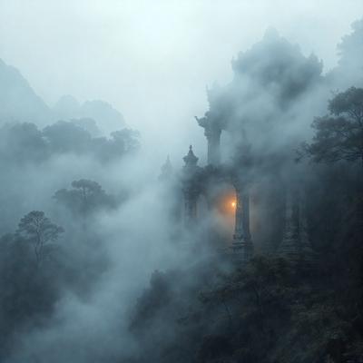 The primary subject of the image is a large, ancient-looking temple with a tall tower. The setting is a mountainous area with a dense forest surrounding the temple. The visual style is a combination of a photo and digital art, creating a unique and intriguing atmosphere. The dominant colors are dark and moody, with the temple and forest appearing in shades of gray, black, and brown. The overall mood of the image is mysterious and captivating, inviting the viewer to explore the ancient temple and its surr